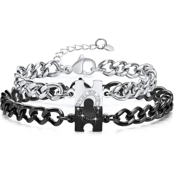 2PCS Bracelets for Couples : Long Distance Relationship Gifts Puzzle Heart Stainless Steel Bracelets for Women Men His Hers Bracelets Set for Bf gf Husband Wife Friends Anniversary Promise Gift