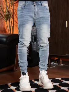 Men's Slim Fit Elastic Back Stretchable Patched Plain Casual Fashion Denim Jeans with Pockets, Trendy Streetwear Casual Pants, Suitable for Daily Wear, All Seasons, Natural Waist, Zipper Fly, Tapered Denim Trousers