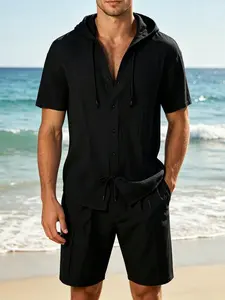 2-Piece Men's Linen Summer Matching Set, Breathable Lightweight Hooded LongSleeve Cardigan and Soild Shorts Pack,Casual Beach Vacation Resort Wear Menswear