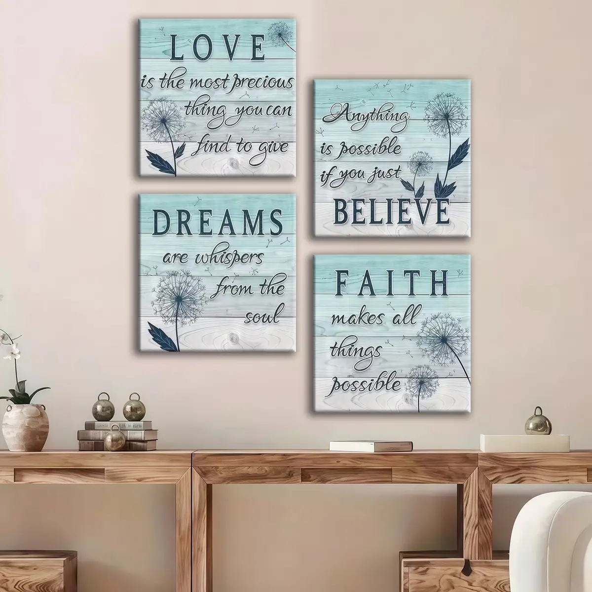 4-count wooden frame canvas, wooden style Artistic inspirational phrase four-piece decorative poster, Decorative artwork, Decoration Items, Aesthetic wall decor, Modern home decor, suitable for corridor and living room walls, waterproof art Print
