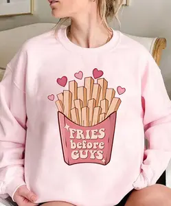 Fries Before Guys Shirt, Funny Fries Graphic Crewneck, Cute Food Meme Shirt, Unisex Red Jumper, Gift for Best Friend