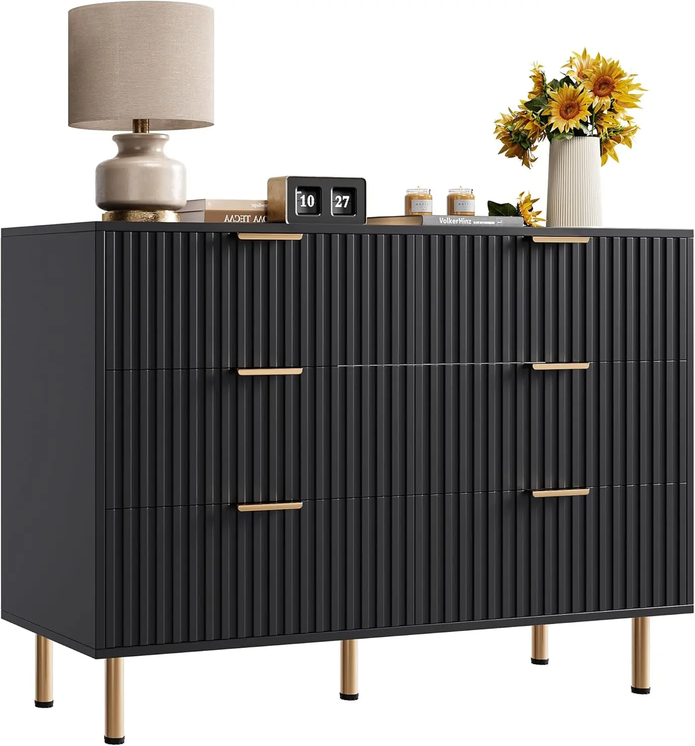 【Christmas Gift】Fluted 6 Drawer Wide Dresser Modern Chest with Spacious Deep Drawers Wooden Organizer Ideal for Living Room Hallway or Kids Room Black