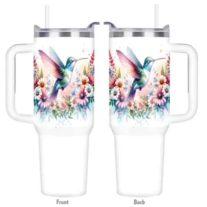 1pc/40oz/1100ml/Double Wall Insulated Stainless Steel Tumbler With Lid And Handle,Coffee Travel Mug,Coffee Thermos,Floral Hummingbird Design,Spring Party Essentials,Perfect For Seasonal Holiday Celebrations,Romantic Gifts For Family And Friends