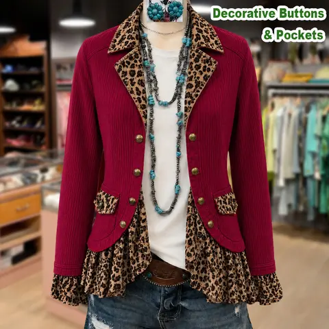 Cherrybetty Vintage Leopard Patch Long Sleeve Corduroy Jacket Winter Clothes Women Casual Womenswear Coats Outerwear Tops Decorative Buttons&Pockets
