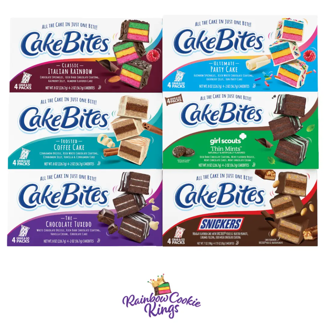 The Original Cakebites Family Pack Sampler - 6 Boxes (Italian Rainbow, Chocolate Tuxedo, Party Cake, Coffee Cake, Snickers, Thin Mint)
