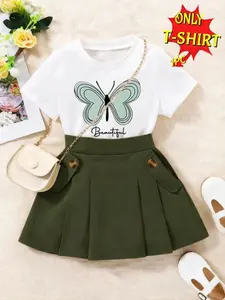 Girls' Single Casual T-Shirt, Graphic Shirt with Cartoon Flower & Butterfly Print, Comfortable Fabric, Simple Design for Spring & Summer