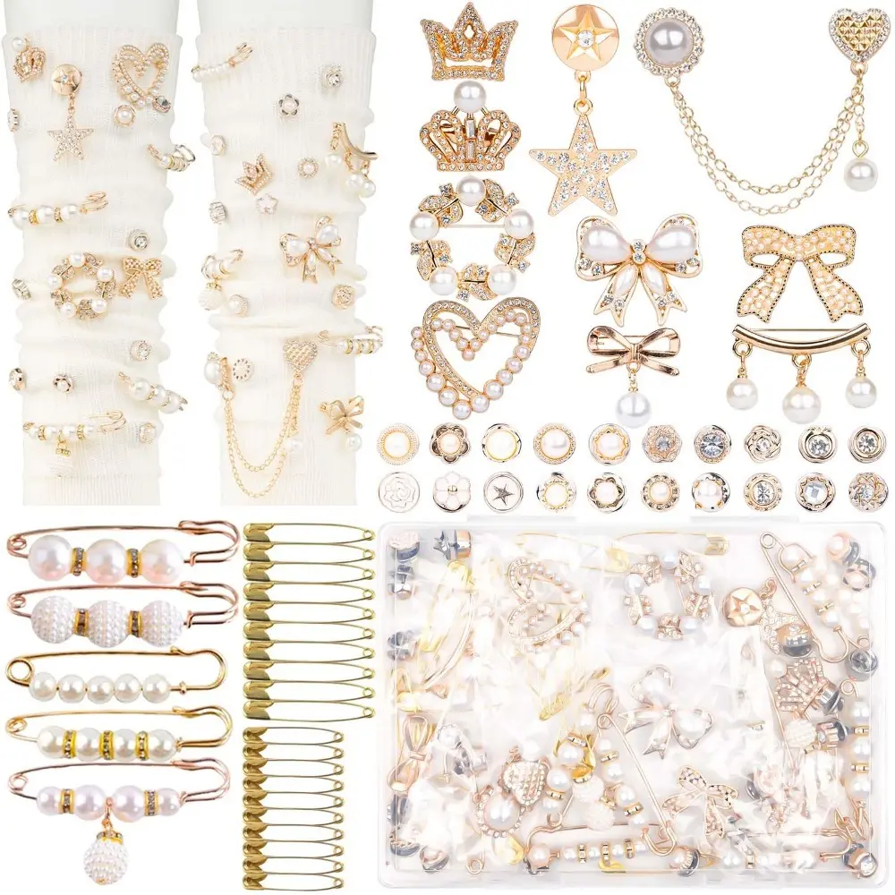 Junk Socks Charms Kit, Gold Brooches and Pins for Women, Pearl and Rhinestone Sock Charms with Safety Pins, DIY Accessories for Decorating and Personalizing Socks