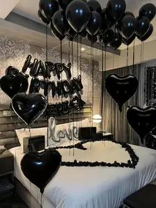 38PCS Black Birthday Balloon Decorations Set, 16 Inch Happy Birthday Letter Balloons, Black Latex Balloons, Heart and Love Foil Balloons for Room Decor and Party Setup