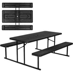 VEVOR Foldable Picnic Table, 6 FT Folding Picnic Tables with Benches, Steel Outdoor Bench Set with Umbrella Hole, Large Outside Dining Table for Patio Garden Yard Poolside (Black)VEVOR Super Brand Day