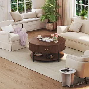 31.5" Round Coffee Table with Storage, Mid Century Modern Coffee Table with Sliding Cabinet Door, Round Metal Legs, 3-Tier Small Round Coffee Tables for Living Room, Walnut