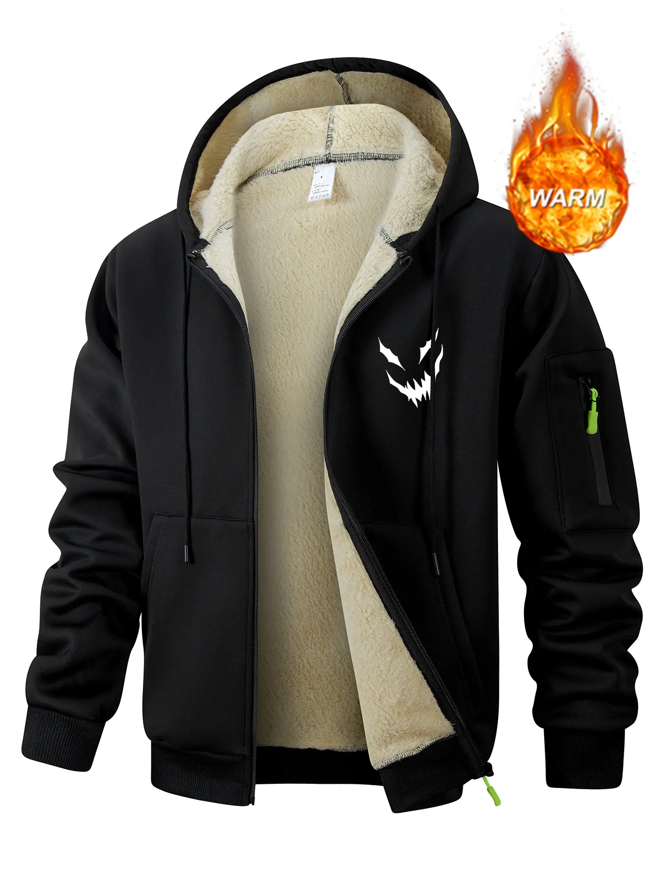 Smiley Face Print Sherpa Fleece Lined Coat for Men, Fall Winter Warm Thermal Plush Hooded Jacket, Sporty Casual Outwear Outfits Tops, Kangaroo Pocket & Zipper Pocket Sleeve