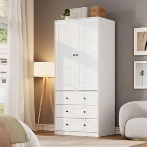 Garvee Armoire Wardrobe Closet with Drawers, 69.5 in Wooden Wardrobe Cabinet with Hanging Rod, 2 Doors Clothing Storage Cabinet for Bedroom, Large Capacity Storage, Louvered Door, White