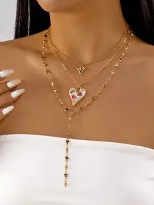 2026 Limited Edition Colorful Oil-Drop Heart Necklace, Elegant Cute Fashion Layered Long Chain, Alloy Material, All Seasons Wear