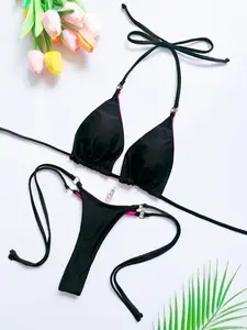 Two-Piece Set Women's Solid Color Ring Linked Halter Triangle Bikini Set, Medium Stretch Casual Fashion Tie Back Backless Swim Top & Tie Side Swim Bottom for Beach Holiday Vacation, Ladies Swimwear for All Seasons, Tie Back Bikinis