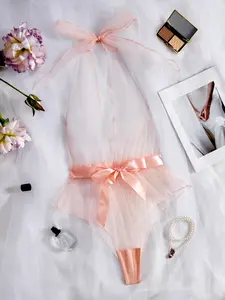 Elegant Sheer Mesh Halter Jumpsuit, Satin Bow Ruffle Decor, Luxurious Bedroom Sleepwear for Women, Sexy Slim-Fitting Design