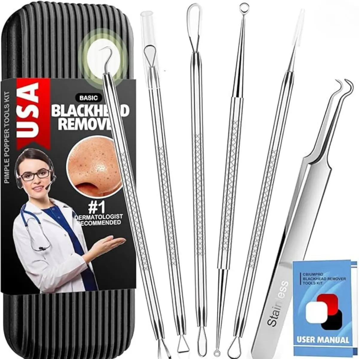 6 Pack Blackhead Remover Tools, Pimple Popper Tool Kit, Professional Blackhead Extractor for Zit, Acne, Whitehead, Comedone on Nose - with Case