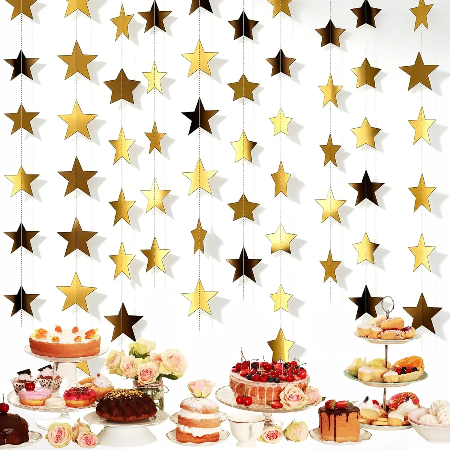 10 Pack Gold Star Garland 130FT Hanging Stars Decorations, Double Sided Glitter Star Banner Streamers, Paper Star Garland for Party Wedding Birthday Graduation Ceiling Wall Decor