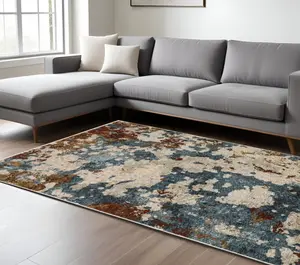 360 stand Abstract Distressed Fringed Rectangle Area Rug - 10x13 ft, Beige Rust & Teal Neutral Tones, Abstract Art, Modern, Polyester Fiber, Powerloomed, Stain-Proof, Giant Area Rugs