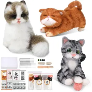 Needle Felting Kit, 3 PCS Cat Animal Needle Felting Beginner Kits Wool Felt Needle Felting Tools with Instruction for DIY Craft Home Decoration