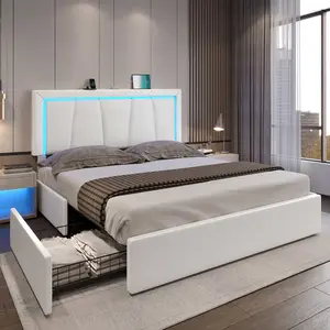 Faux Leather LED Bed Frame with Adjustable Headboard White