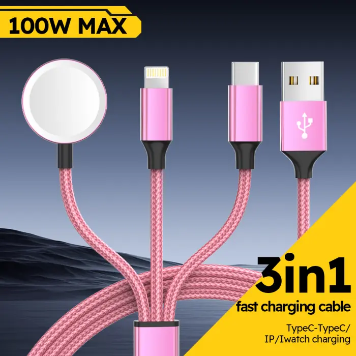 3-in-1 Charger Magnetic 100W Fast Charger to USB Cable Pink Compatible with Apple Watch, iPhone