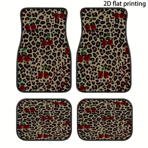 All-weather car floor mats - leopard print and cherry red design, durable polyester fiber, non-slip backing, suitable for most vehicles, easy to clean, stylish interior accessory, vehicle floor protection |   Elegant interior decoration |   Durable car ma