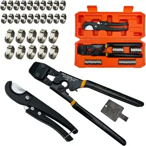 PEX Pipe Clamp Cinch Tool Crimping Tool Crimper for Stainless Steel Clamps from 3/8-inch to 1-inch with 1/2-inch 20PCS and 3/4-inch 10PCS SS PEX Clamps,with Pipe Cutter in Plastic Box