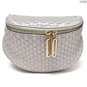 Trendy Silver Woven Crossbody Bag, Double Zipper Fanny Pack with Gold Hardware, Large Capacity Lightweight Convertible Sling Shoulder Bag, Stylish Everyday Purse for Daily Commute, Shopping, Date Night & Travel