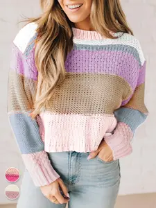 Renaishow Women's Color Block Cropped Sweaters Winter Trendy Casual Oversized Y2k Striped Pullover Tops for Going Out Long Sleeve Crewneck Knitwear