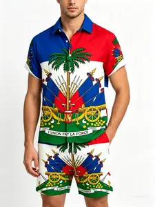 Men's Haiti Flag Emblem Print Short Sleeve Set, Casual Cuban Neck Shirt + Shorts, Breathable Fabric, Summer Vacation/ Daily Wear