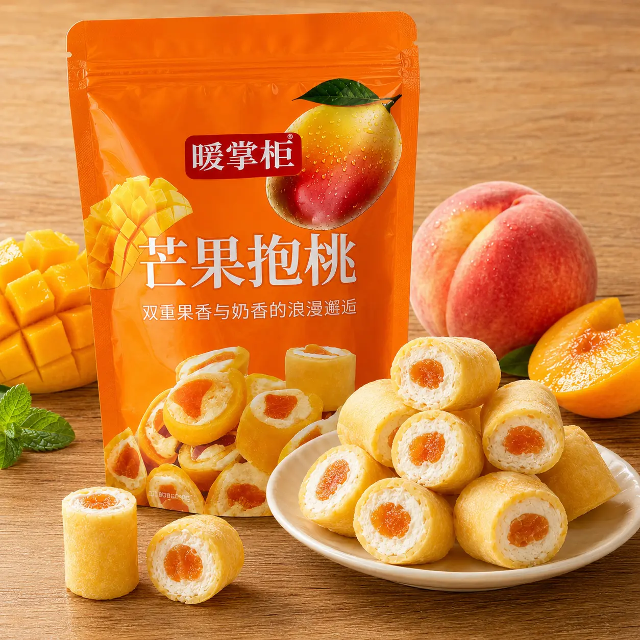 Mango Peach Marshmallow Rolls, Soft & Chewy Fruity Snack with Mango & Yellow Peach, Sweet & Tangy Asian Treat for Tea Time & On-the-Go Snacking