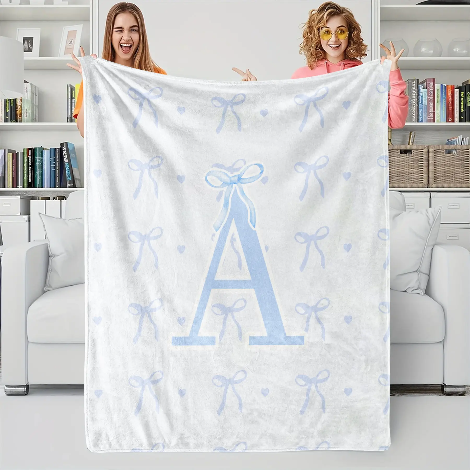 Blue bow-knot A-M letter flannel blanket, Bowknot Design Blanket, fresh & soothing style, perfect for girls who like light colors, a choice for bedroom decor & gifts, stylish & durable, Soft Blankets, suitable for all seasons, multiple styles available