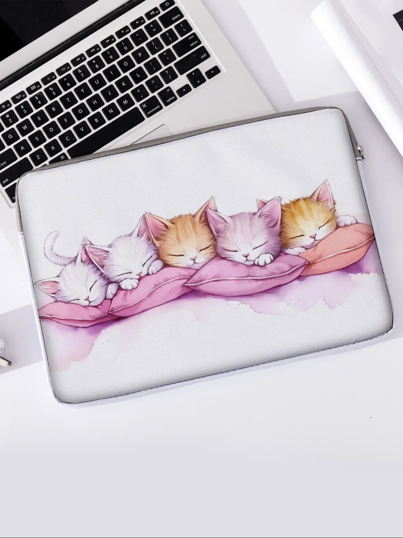 Cat Pattern Printed Notebook Bag, Soft Laptop Sleeve, Tablet Case, Zipper Storage Pouch, Casual Style, All Seasons Use