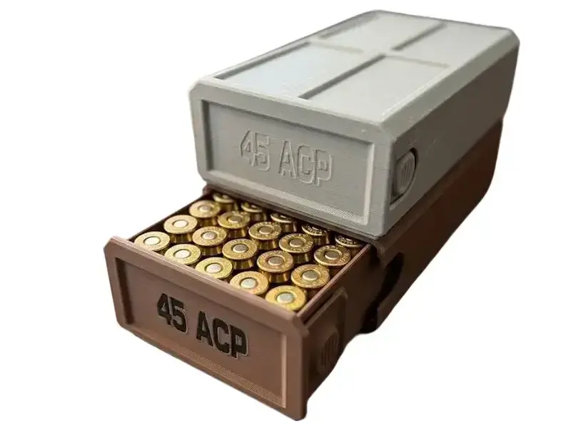45ACP Stackable Sliding Tray Ammo Container 50 Rounds Compact Dual Locking Mechanism EDC Range Day 3D Printed Secure Closure