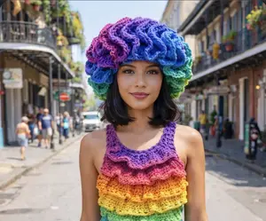 Multicolored Crochet Hat One Size with Colorful Ruffled Details and Vibrant Rainbow Shades for Women