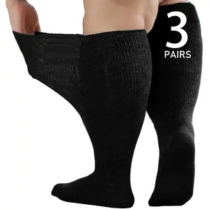 Wide Diabetic Socks for Men Women Plus Size, Extra Long Edema Sock with Thickened Sole, Non-Binding Loose Fit Socks for Swollen Feet, Lymphedema 3 Pairs Black