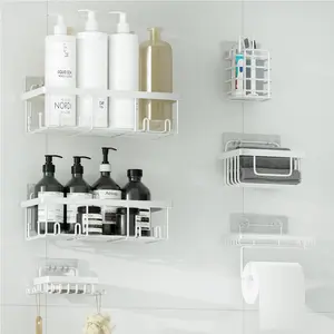 6 Pack Adhesive Shower Caddy Set Wall Mounted Bathroom Organizers No Drilling Rustproof Metal Storage Shelves with Hooks for Toilet Kitchen