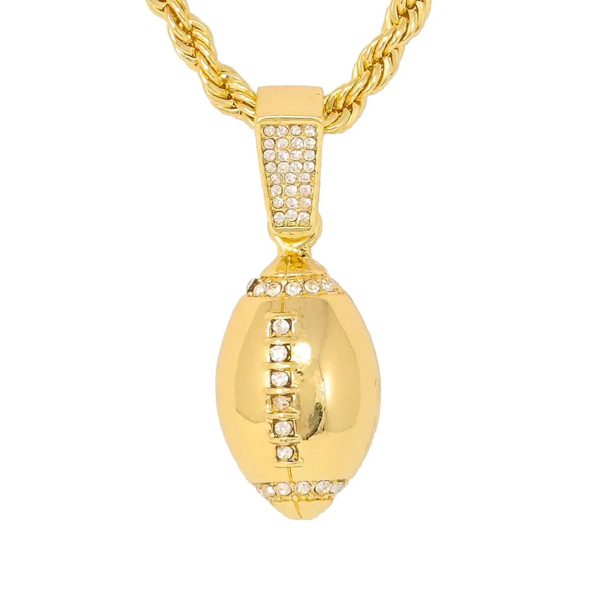 Football Fashion Rope Gold Chain Necklace - 24" Metal Coating Alloy Statement Jewelry with Iced Out Sparkling Rhinestone Football Pendant for Casual Wear, Ice Necklaces
