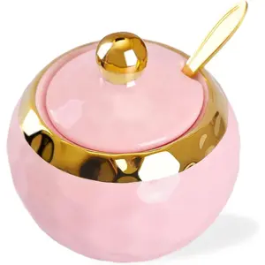 Ceramic Sugar Bowl with Lid and Spoon, Golf Design Porcelain Salt Bowl Salt Container, Modern  Box Seasoning Jar for Home and Kitchen Coffee Bar - Pink
