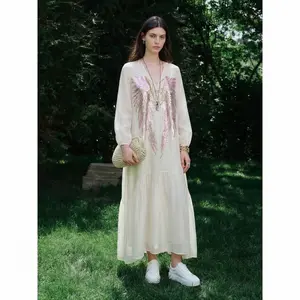 TCH rhinestone wing dress women's beige V-neck loose and high-end fairy dress summer