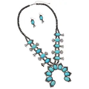 Women's Statement Natural Howlite Stone Western Squash Blossom Necklace Earring Jewelry Set, 27"+3" Extension