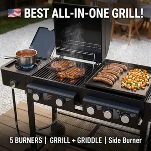 All-in-One Propane Gas Grill and Griddle Combo 5-Burner 56000 BTU with 745 Sq Inch Cooking Space Heavy Duty Stand for Backyard BBQ Outdoor Kitchen Station with Side Burner Storage Shelves and Wheels Black