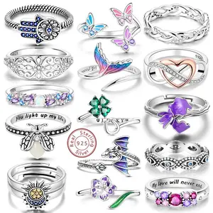 Rings  925 Sterling Silver Love Heart Sun Moon Star Iris Adjustable Rings For Women Wedding Birthday Party Jewelry Gift