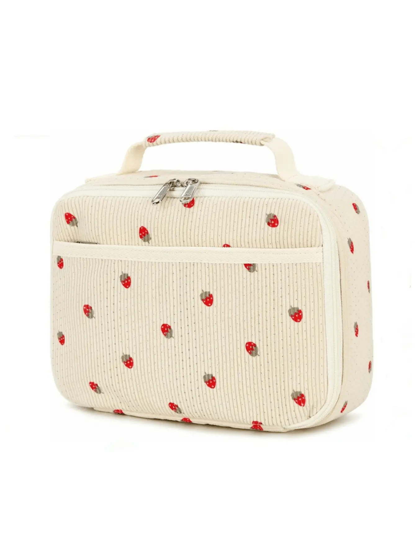 Strawberry Print Insulated Reusable Lunch Bag - Corduroy Portable Thermal Cooler Tote, Leakproof & Easy Clean for Work, School & Travel