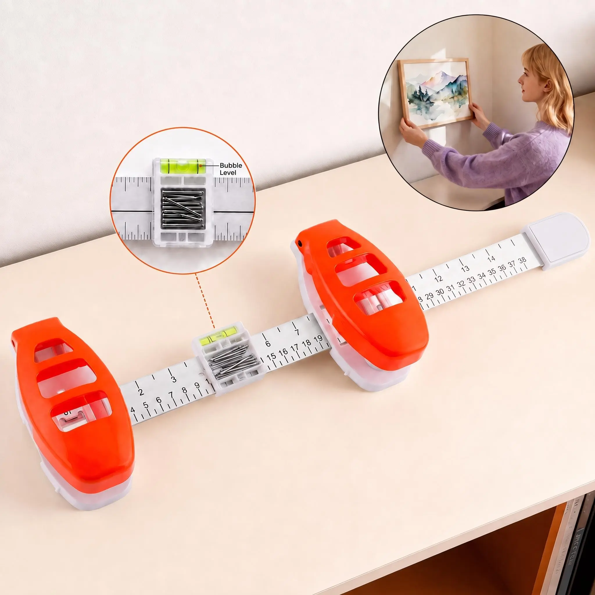 Picture Hanging Tool with Level & Ruler - Frame Positioning Kit, Precise Solo Wall Mount for Frames & Art Decor, Practical Home DIY & Housewarming Party Gift