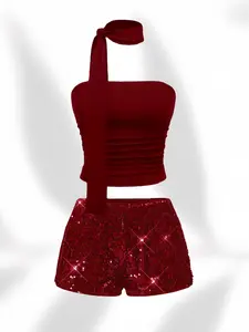 Elegant Plain Cropped Halter Top Set, Slimming Waist Design, Sparkling Sequins, Sparkly, Sexy Short Pants Two-Piece, Perfect for Parties