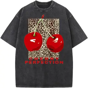 Women's Oversized Graphic Tees Cherry T Shirts Washed Vintage Casual Summer Baggy Cotton Tops Cute Grunge Shirt