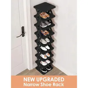 9/6 Tier Narrow Shoe Rack, New Upgraded Shoe Shelf Small Vertical Shoe Stand, Space Saving DIY Free Standing Shoes Storage Organizer For Entryway, Closet, Hallway, Easy Assembly And Stable In Structure, Black & White