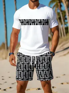 Men's Summer Casual Set, Short Sleeve T-Shirt with Geometric Pattern Shorts, Trendy Sporty Two-Piece, Breathable and Comfortable