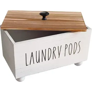 Laundry Pods Container, Farmhouse Laundry Pod Holder, Rustic Laundry Detergent Storage Organizer Box, Wooden Pods Caddy with Lid for Laundry Room Accessories Organization Decor Dispenser